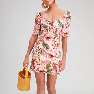 Lulu’s Zaliki Pink Tropical Print Tie-Front Puff Sleeve Mini Dress